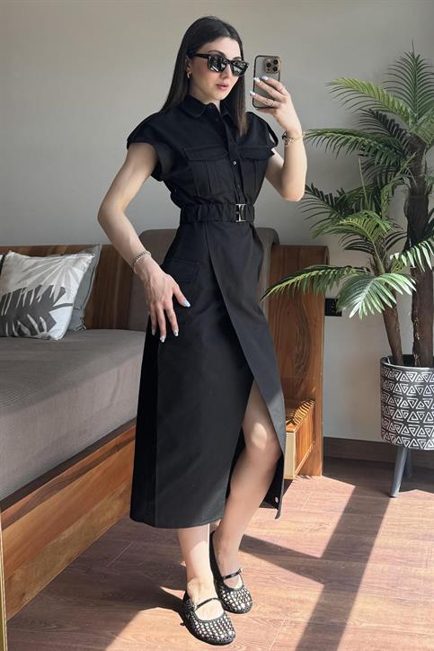 Siyah Kargo Cepli Elbise