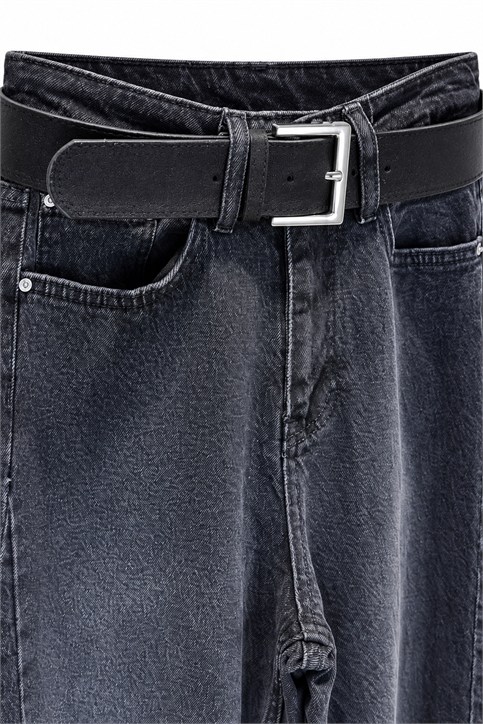 Siyah Kemerli Geniş Paça Yüksekbel Denim