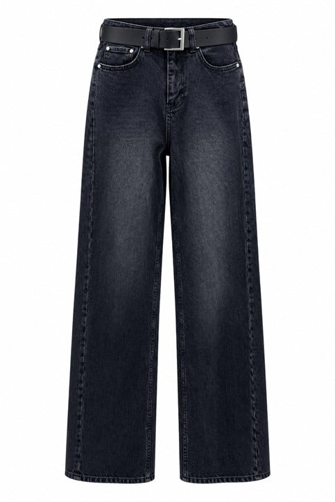 Siyah Kemerli Geniş Paça Yüksekbel Denim