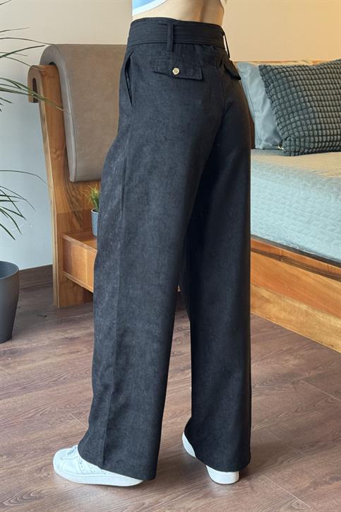 Siyah Kemerli Süet Pantolon