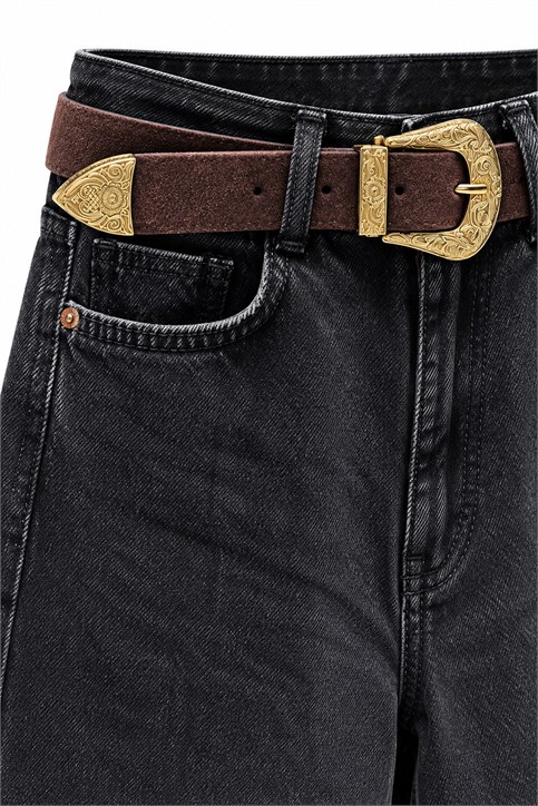 Siyah Kemerli Yüksek Bel Regular Fit Jean