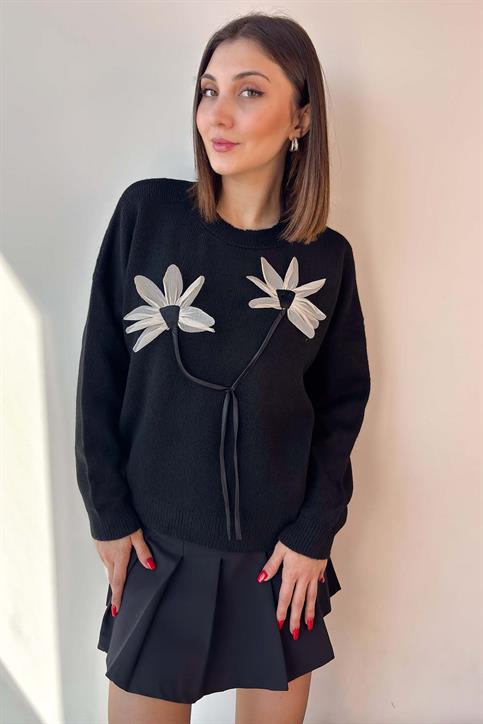 Siyah Keten Çiçekli Oversize Kazak