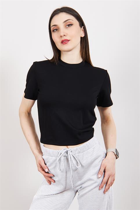 Siyah Kısakollu Crop T Shirt