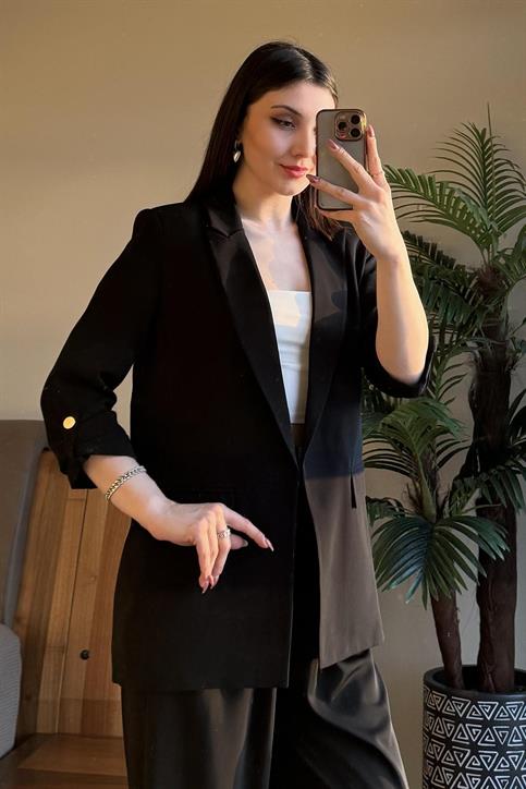 Siyah Kol Katlamalı Blazer Ceket