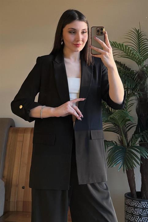 Siyah Kol Katlamalı Blazer Ceket