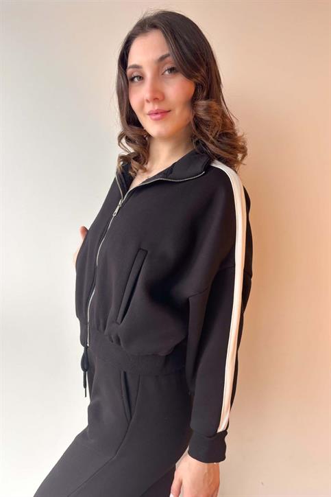 Siyah Kol Şeritli Fermuarlı Üç İplik Sweatshirt