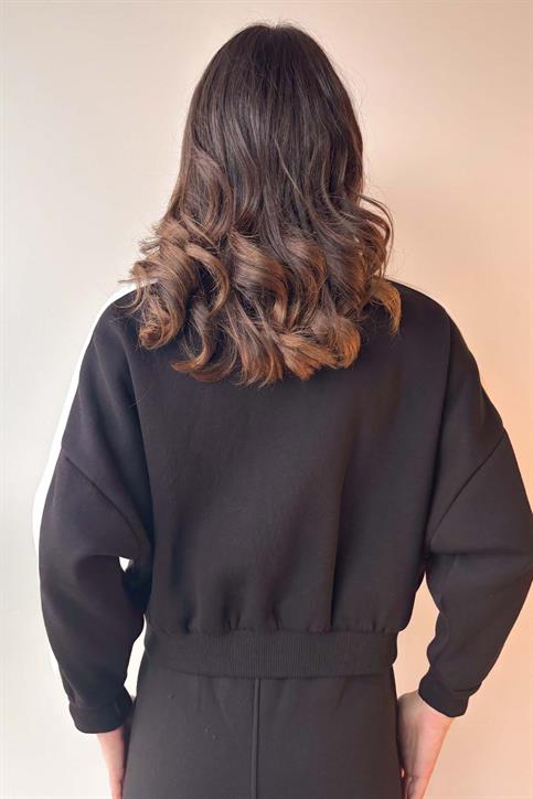 Siyah Kol Şeritli Fermuarlı Üç İplik Sweatshirt