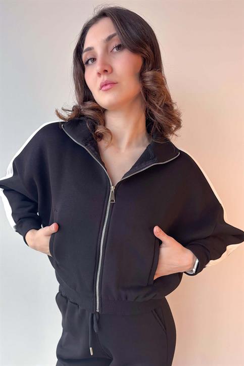 Siyah Kol Şeritli Fermuarlı Üç İplik Sweatshirt