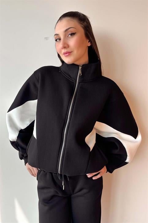 Siyah Kolu Parça Detaylı Üç İplik Şardonlu Fermuarlı Sweatshirt