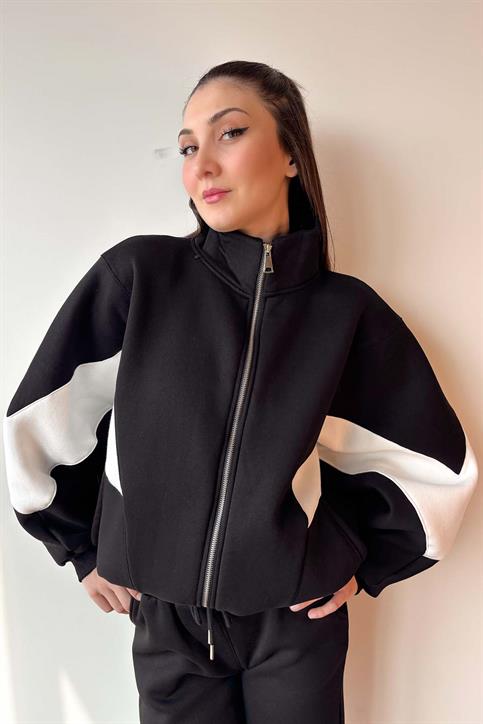 Siyah Kolu Parça Detaylı Üç İplik Şardonlu Fermuarlı Sweatshirt