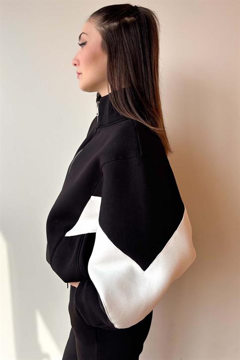 Siyah Kolu Parça Detaylı Üç İplik Şardonlu Fermuarlı Sweatshirt