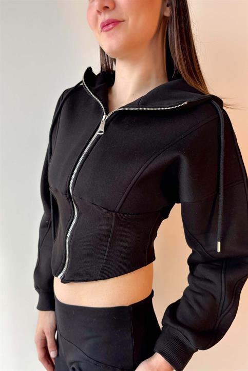 Siyah Korse Görünümlü Fermuarlı Sweatshirt
