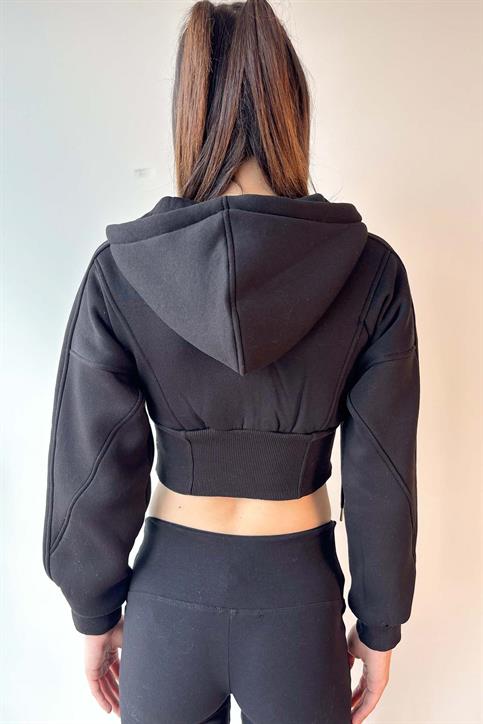 Siyah Korse Görünümlü Fermuarlı Sweatshirt