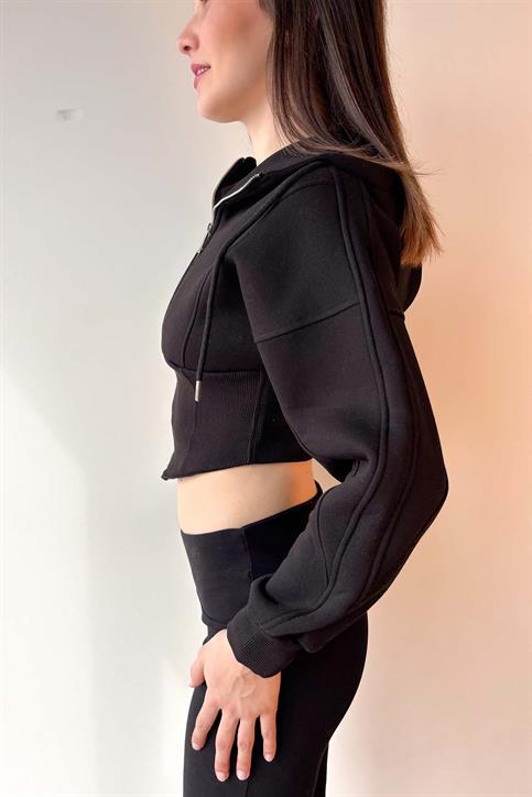 Siyah Korse Görünümlü Fermuarlı Sweatshirt