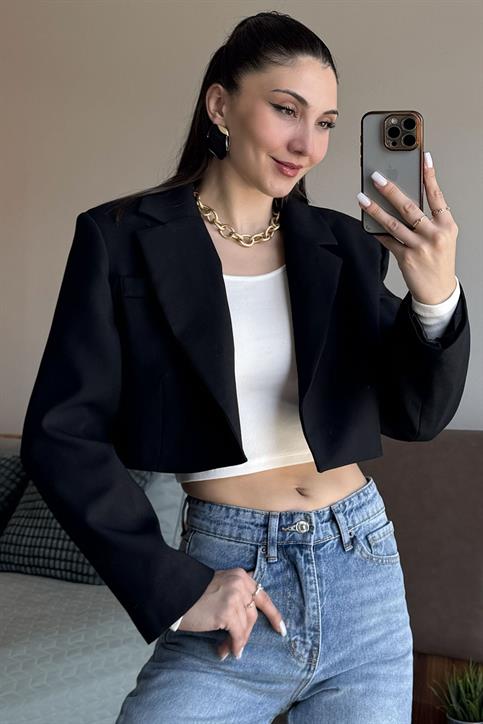 Siyah Kumaş Crop Ceket