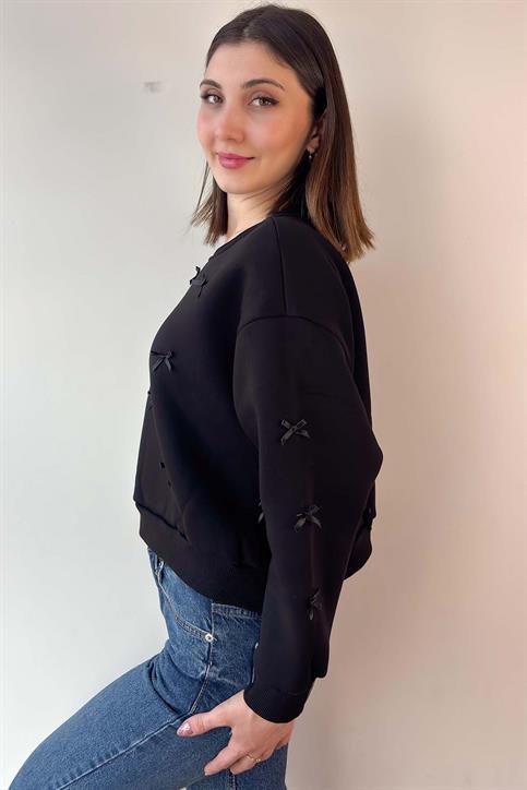 Siyah Kurdele Detaylı Pinterest Crop Sweatshirt