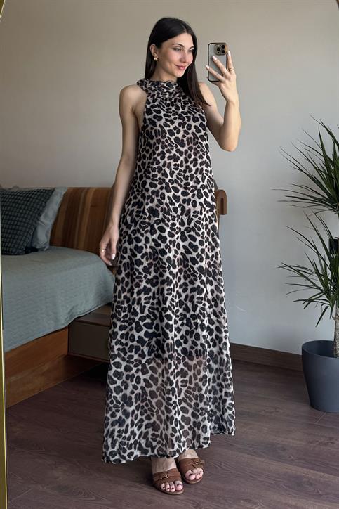 Siyah Leopar Desen Elbise