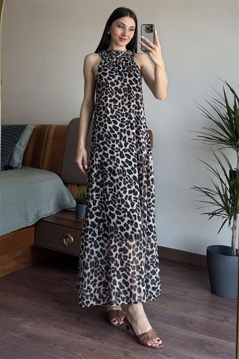 Siyah Leopar Desen Elbise