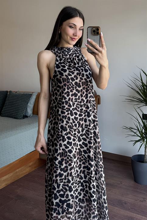 Siyah Leopar Desen Elbise