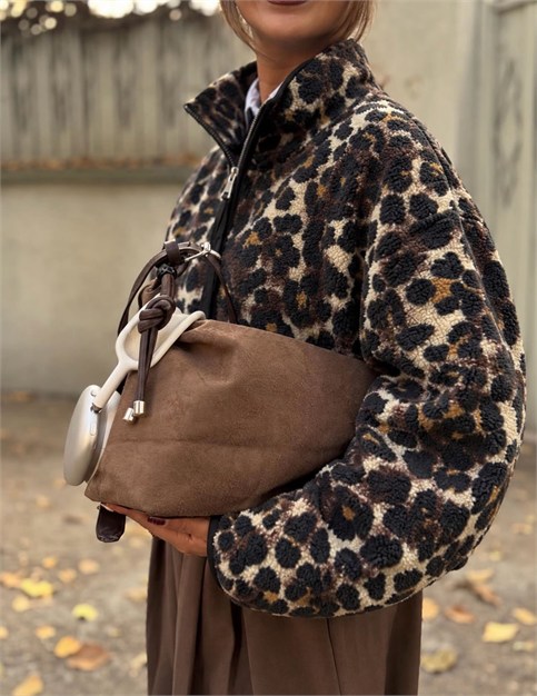 Siyah Leopar Desenli Fermuarlı Polar Sweatshirt