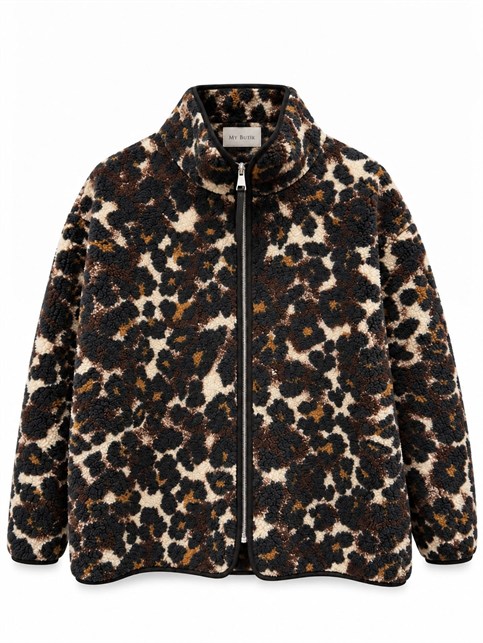 Siyah Leopar Desenli Fermuarlı Polar Sweatshirt