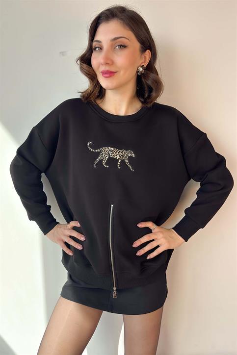Siyah Leopar Nakışlı Fermuarlı Sweatshirt