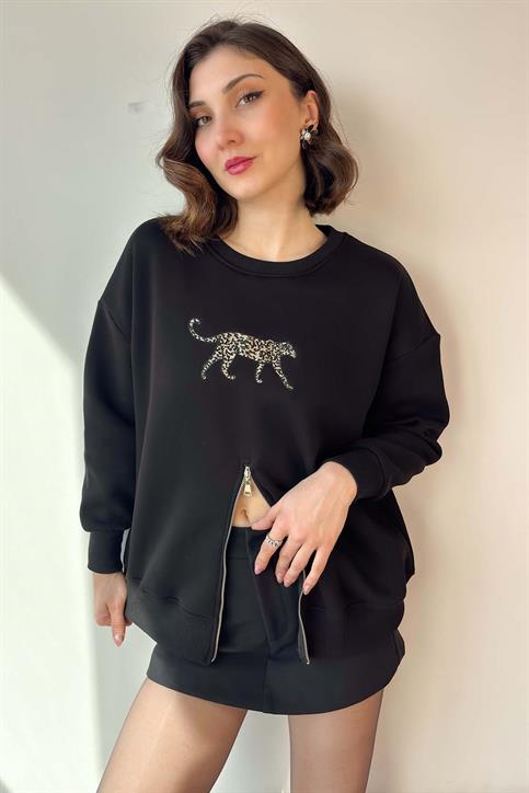 Siyah Leopar Nakışlı Fermuarlı Sweatshirt