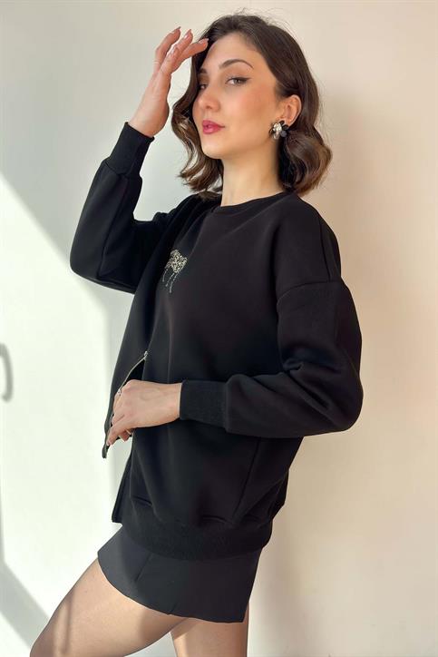 Siyah Leopar Nakışlı Fermuarlı Sweatshirt