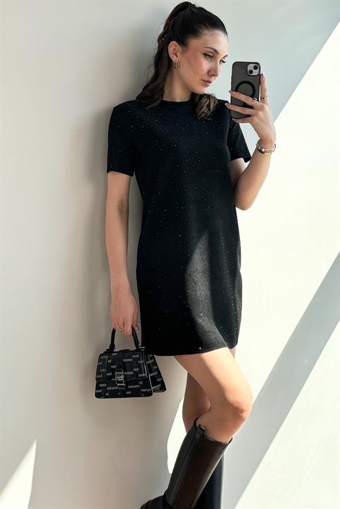 Siyah Mini Boy Taş İşlemeli Nubuk Elbise