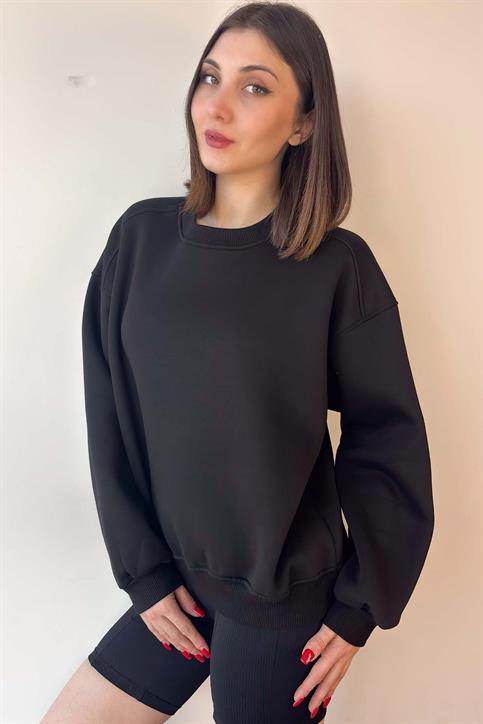 Siyah Oversize Bisiklet Yaka İçi Şardonlu Üç İplik Sweatshirt