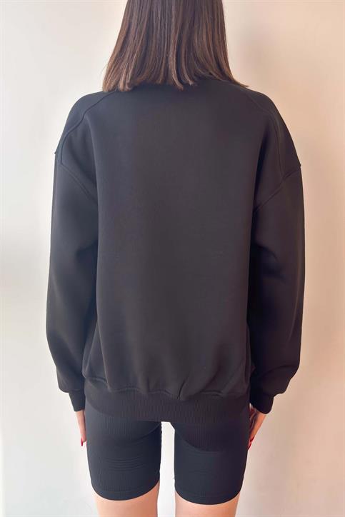 Siyah Oversize Bisiklet Yaka İçi Şardonlu Üç İplik Sweatshirt
