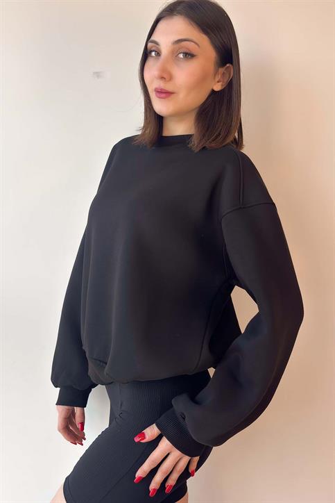 Siyah Oversize Bisiklet Yaka İçi Şardonlu Üç İplik Sweatshirt