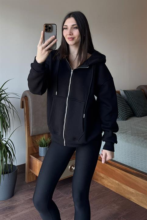 Siyah Oversize Kapüşonlu Fermuarlı Hoodie