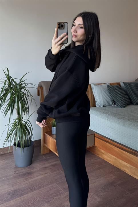 Siyah Oversize Kapüşonlu Fermuarlı Hoodie