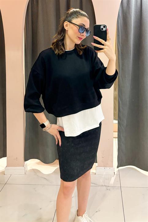 Siyah OYS Bisiklet Yaka Crop Sweatshirt
