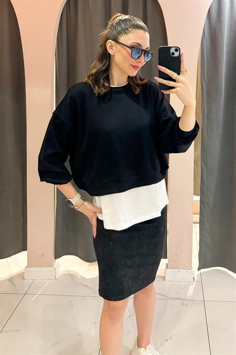 Siyah OYS Bisiklet Yaka Crop Sweatshirt