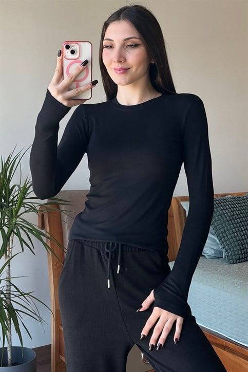 Siyah OYSH Soft Touch Kumaş Parmak Geçmeli Body