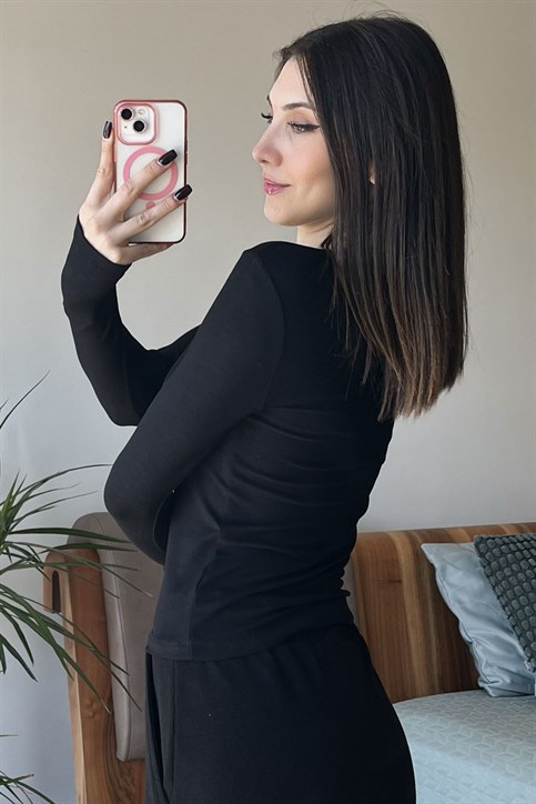 Siyah OYSH Soft Touch Kumaş Parmak Geçmeli Body