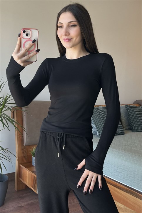 Siyah OYSH Soft Touch Kumaş Parmak Geçmeli Body
