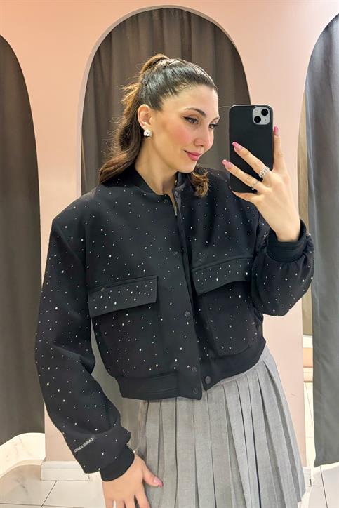 Siyah Serpme Taşlı Bomber Ceket