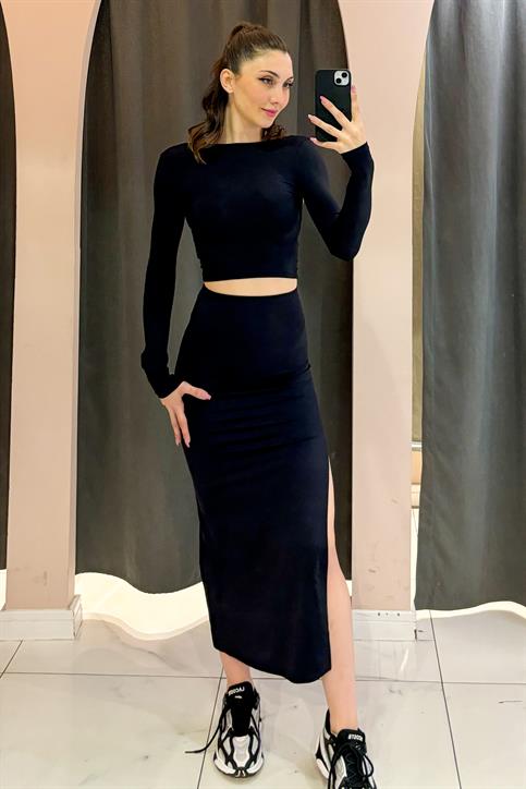 Siyah Sırt Dekolteli Uzunkollu Body
