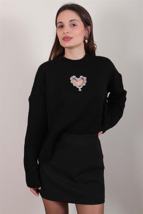 Siyah Taş İşlemeli Kalp Detaylı Kazak