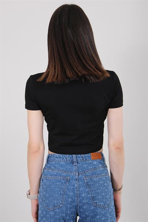 Siyah Taş Kalp İşlemeli Crop T Shirt
