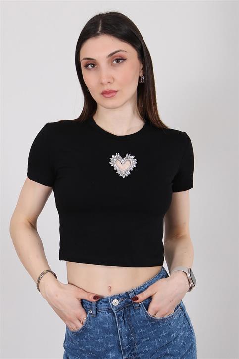 Siyah Taş Kalp İşlemeli Crop T Shirt