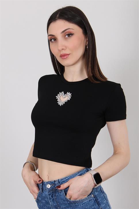 Siyah Taş Kalp İşlemeli Crop T Shirt