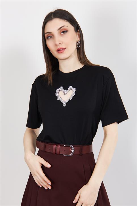 Siyah Taş Kalp İşlemeli Modal Karışımlı T Shirt