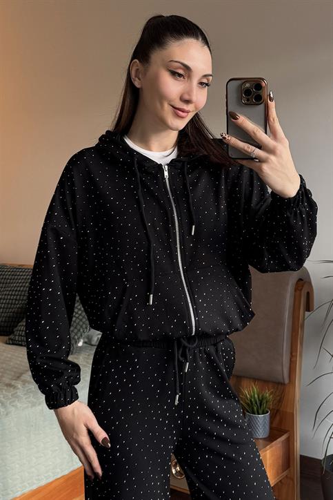 Siyah Taşlı Fermuarlı Sweatshirt