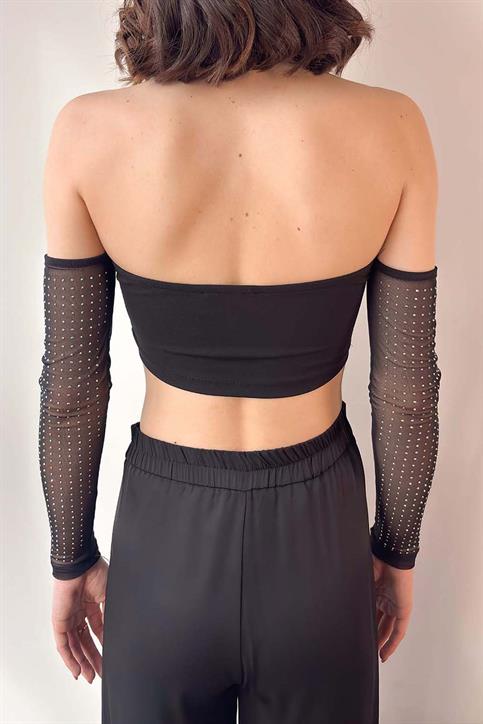 Siyah Taşlı Straplez Crop Bluz