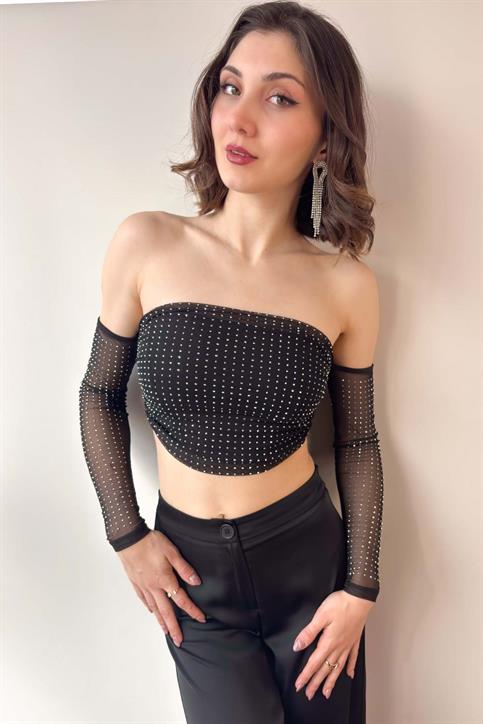 Siyah Taşlı Straplez Crop Bluz