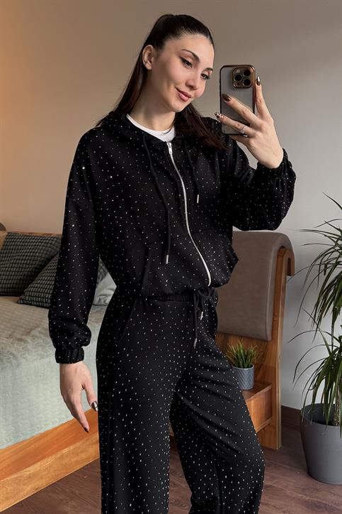 Siyah Taşlı Sweatshirt Eşofman Takım